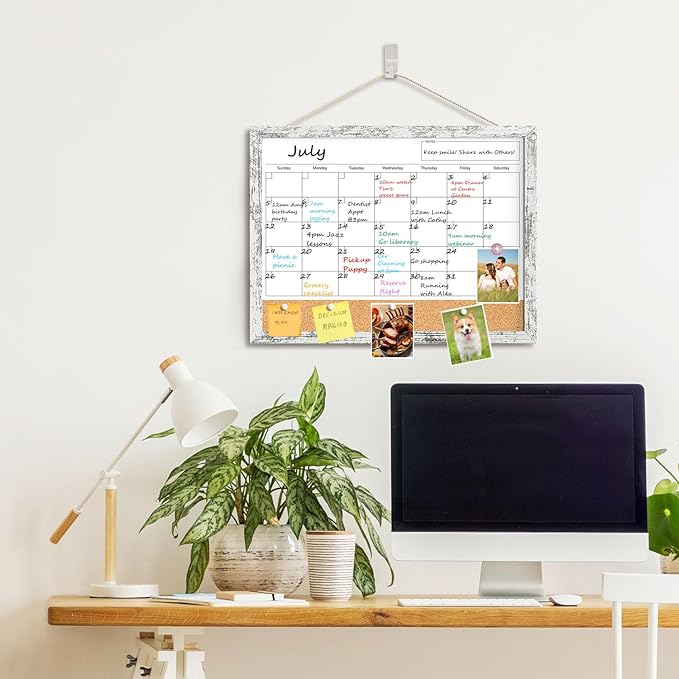 Dry Erase Calendar for Wall, 17"x13" Whiteboard Calendar Cork Board Combo, Magnetic White Board Monthly Calender with Wood Framed, Hanging Dry Erase Board for Office Kitchen Home Planner Memo