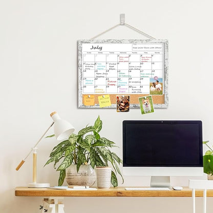 Dry Erase Calendar for Wall, 17"x13" Whiteboard Calendar Cork Board Combo, Magnetic White Board Monthly Calender with Wood Framed, Hanging Dry Erase Board for Office Kitchen Home Planner Memo
