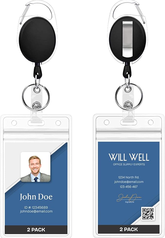 Will Well ID Badge Holders with Clip and Keyring - Vertical Clear Plastic 2.52" x 3.58" Sleeves Fit Up to 3 Cards - Retractable 24" UHMWPE Fiber Pull Cords for Easy Access - 2-Pack, Black Reels