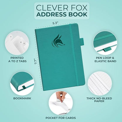 Clever Fox Address Book with alphabetic tabs - PU Leather Telephone and Address Book for Keeping Contacts Safe, Contact Organizer Journal, Medium Size (5.3″ x 7.7″) Hardcover, Turquoise