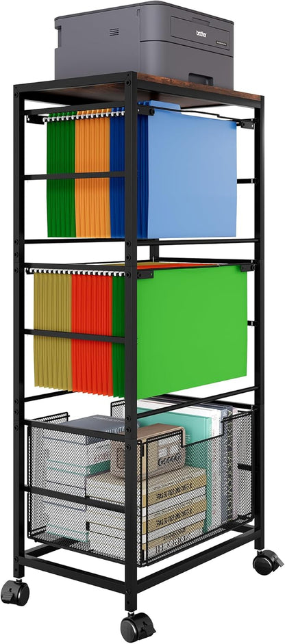 EasyPAG Hanging File Folder Organizer Rolling Cart on Wheels 2 Letter/Legal Size Mobile Hanging File Folder Frame with 1 Pull-Out Drawer for Home Office, Black