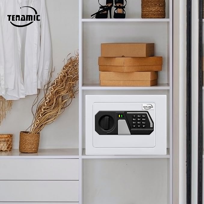 Tenamic Safe Box 0.23 Cubic Feet Electronic Digital Security Box, Keypad Lock Box Cabinet Safes, Solid Alloy Steel Office Hotel Home Safe, HB17 White
