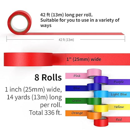 Colored Masking Tape 8 Rolls, 1 inch Wide x 14 Yards Long, Craft Color Painters Colorful Art Rainbow Labeling Tapes Marking Tape for Kids Crafts Moving Classroom, 8 Colors