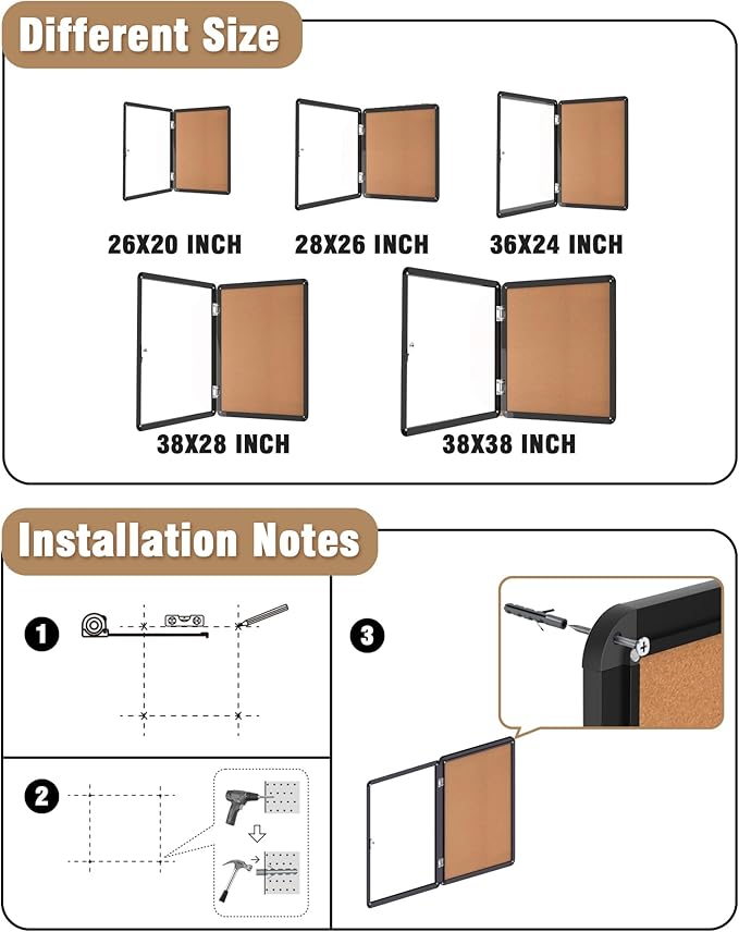 26"x20" Enclosed Bulletin Board, Lockable Weather-Resistant Aluminum Cork Noticeboard for School & Office, Black Frame w/Cork