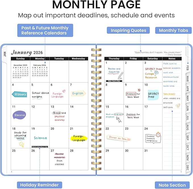 2026 Planner, Weekly and Monthly Calendar Planner, January 2026 - December 2026, Hardcover 2026 Calendar Planner Book with Tabs For Women & Men, Inner Pocket, Spiral Bound, Perfect for Office Home School Supplies - A4 (8.5" x 11"), Lavender