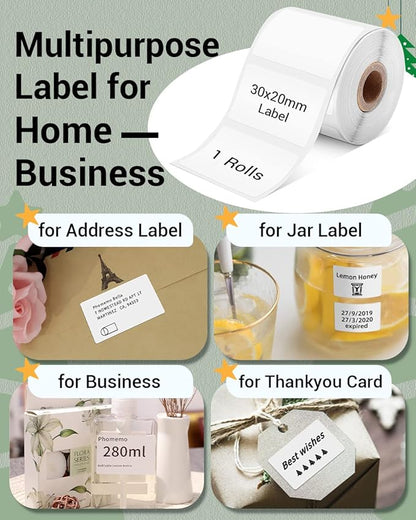 Phomemo Thermal Labels for M110/M221/M220/M120/M200 Label Printer,1.18" x 0.79" (30x20mm), 320 Labels/Roll, Black on White