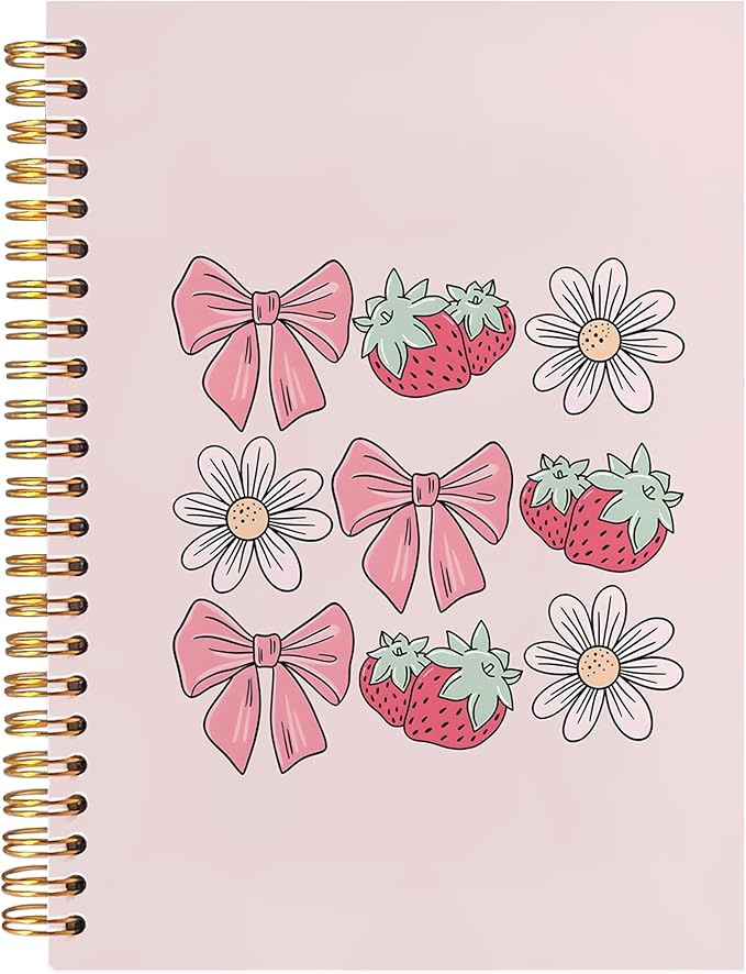 BearCake Spiral Notebook Journal For Women,Preppy Pink notebook gift,Aesthetic Notebooks,Bow composition notebook,Cute Strawberry Flower notebook,Pink Bow notebook,Spiral Notebook 5.5x8.3