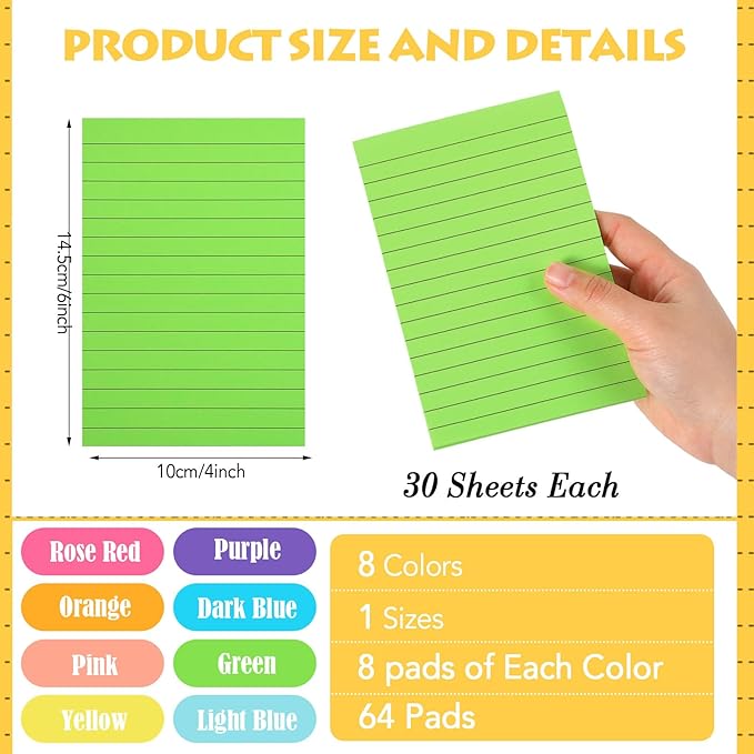 Yexiya 64 Pcs Lined Sticky Notes Self Stick Notes with Lines Bright Assorted Colors Sticky Notes for Home Office Products Post Memos, 1920 Sheets(4 x 6 Inch,Classic Color)