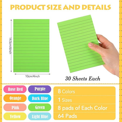 Yexiya 64 Pcs Lined Sticky Notes Self Stick Notes with Lines Bright Assorted Colors Sticky Notes for Home Office Products Post Memos, 1920 Sheets(4 x 6 Inch,Classic Color)