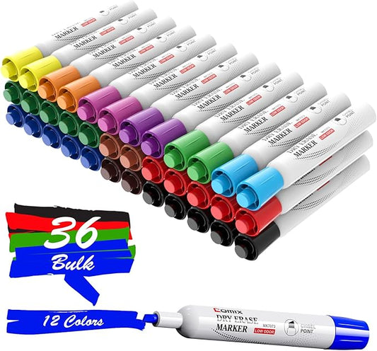 Comix Dry Erase Markers, Chisel Tip White Board Markers, 36 Bulk 12 Assorted Colors Low Odor Markers for Teachers Office & School Supplies