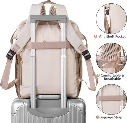 MOMUVO Laptop Backpack for Women with USB Port, Student Bookbag Water Resistant Backpacks Teacher Doctor Nurse Work Stylish Travel Bags, Fits 17-Inch Laptop Khaki Beige