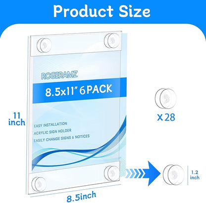 Clear Acrylic Window Sign Holder with 28 Suction Cups, 8.5 x 11 Inches - Wall Mount Advertising Frames for Glass Doors - Perfect for Malls, Offices, Homes, Stores, and Restaurants (6 Pack)