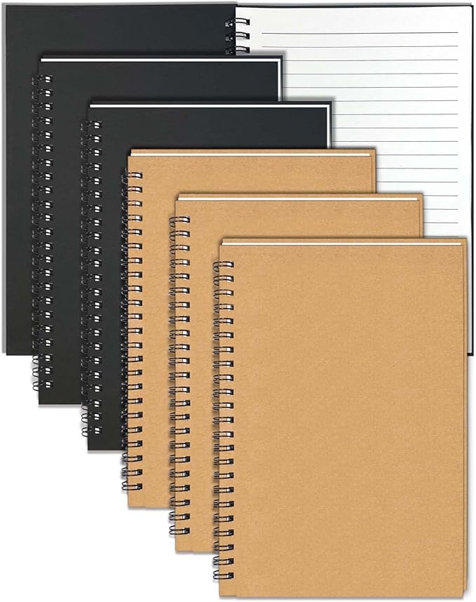 GINMLYDA 6Pack Small Spiral Notebook A5, 8.25x5.5” 120 Lined Pages Wide Ruled Spiral Journal Bulk Blank Kraft Cover Spiral Bound Notebook & Writing Pads for Home Office Meeting Work Note Taking