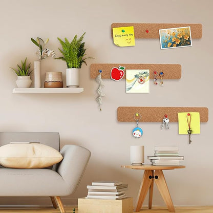 FEBSNOW Cork Board Strips, 3 Pack Cork Strips for Walls 15x2 Inch Small Cork Boards for Walls Self Adhesive with 50 Push Pins