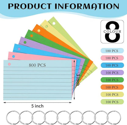 800 PCS Index Cards 3x5 Inches Colored Flash Cards with Ring, Punched Lined Flashcards Ruled Index Cards Notecards Study Cards Heavy Note Cards for Studying, Learning, School, College, Memory