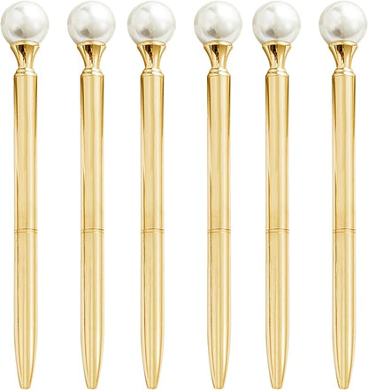 6 Pieces False Pearl Decoration Twist Metal Ballpoint Pen Ball Pen 1.0 MM Black Ink