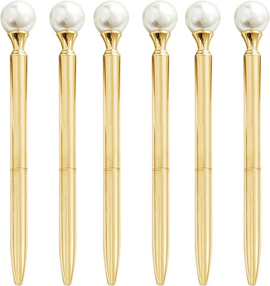 6 Pieces False Pearl Decoration Twist Metal Ballpoint Pen Ball Pen 1.0 MM Black Ink