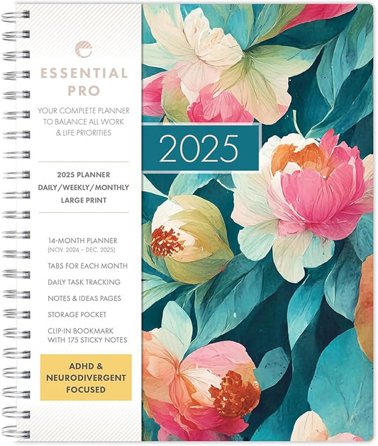 Essential PRO 2025 Daily, Weekly & Monthly Planner, 8.5"x11": 14 Months (Nov 2024 - Dec 2025) Monthly Tabs,Daily Tracking,Notes Pages,Storage Pocket,Bookmark w Sticky Notes (Teal Floral)
