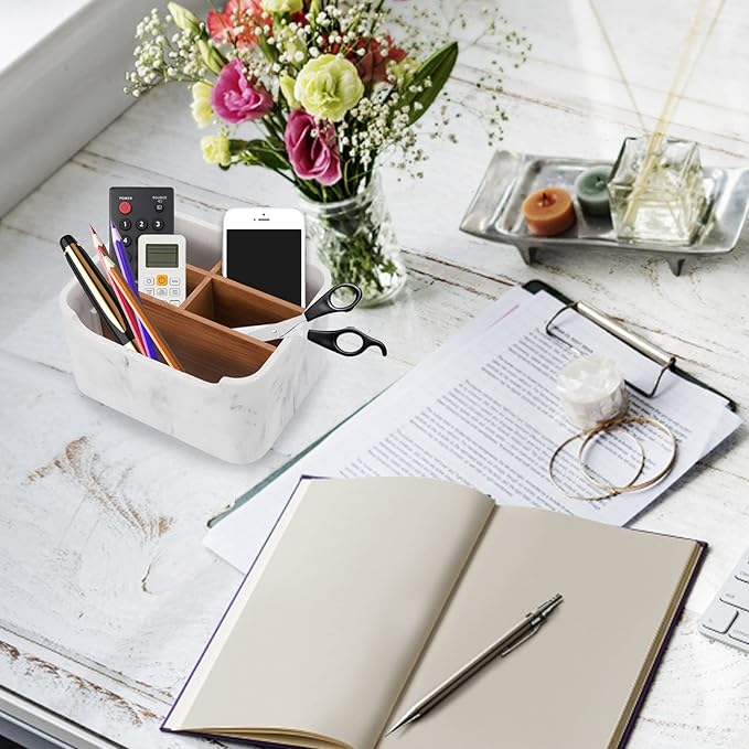 Desk Organizer, Marble Remote Holder for Table, Modern Office Controller Pen Phone Holder Organizer, Stylish Caddy and Storage Accessories for Bedside Nightstand Desktop Coffee Table