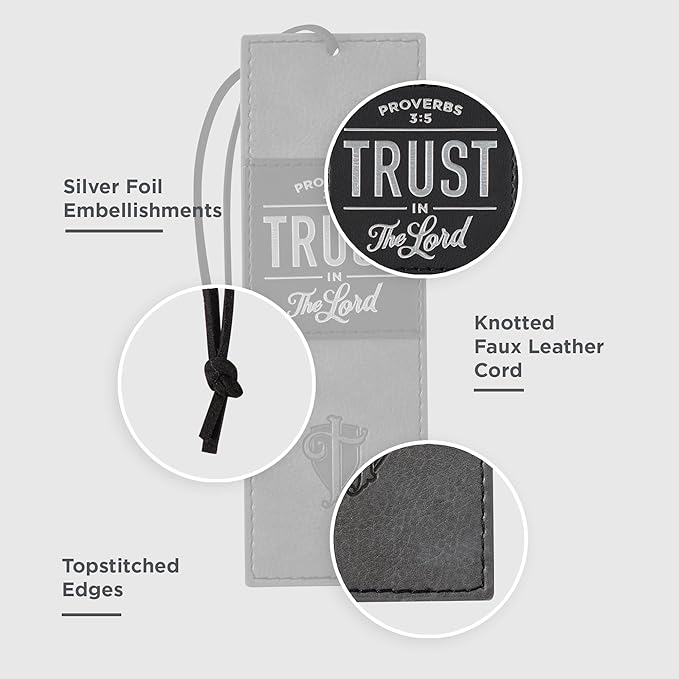 Christian Art Gifts Black Charcoal Gray Faux Leather Bookmark for Men: Trust in the Lord - Proverbs 3:5 Inspiring Bible Verse, Heat-debossed w/Silver Foil Accents Cross, Shield and Sturdy Leather Cord