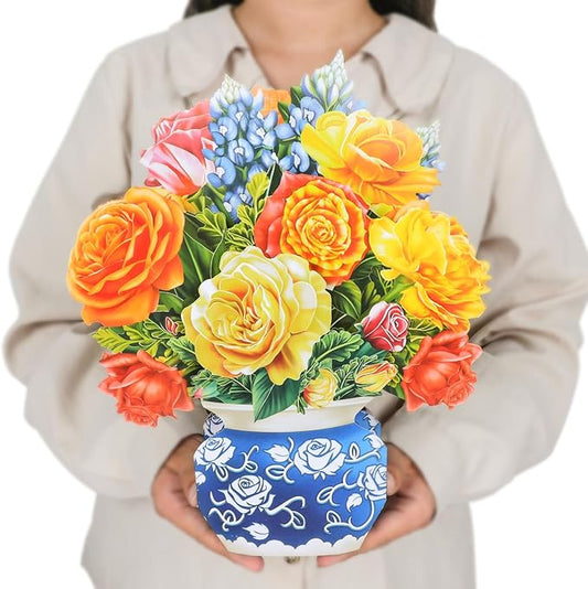 Pop Up Cards,Yellow Orange Roses,12 Inch Forever Flower Bouquet 3D Popup Greeting Cards With Blank Note Card and Envelope,Perfect For Birthday, Christmas, Thanksgiving Day,Mother's Day Gifts