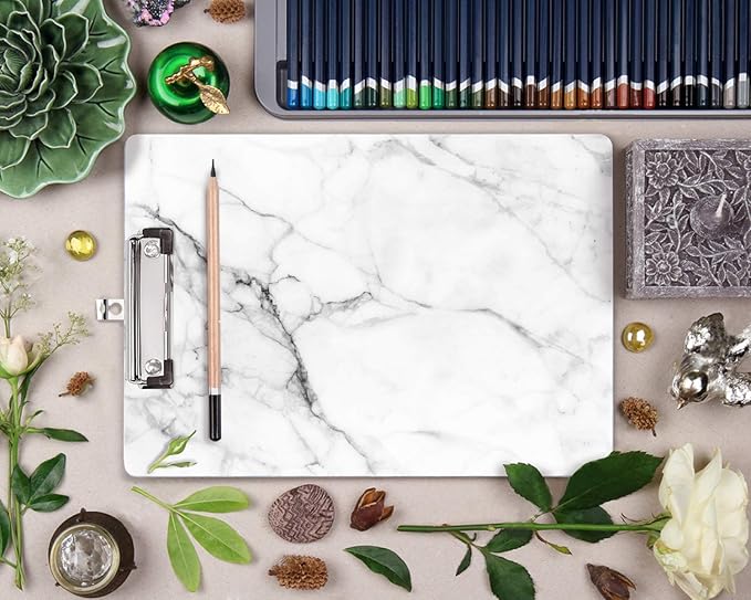 WAVEYU Clipboard, Cute Decorative Letter Size Clipboard Low Profile Paperboard Chic Design Clipboard for Students Nurse School, Home, or Office Supplies(12.5"x9"), White Marble