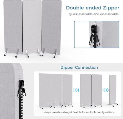 70.8" W x 63" H Freestanding Partition Room Dividers, Acoustic Panels with Wheels, 3 Soundproof Privacy Panels for Office, Reception Room, School, Hospital, Light Grey