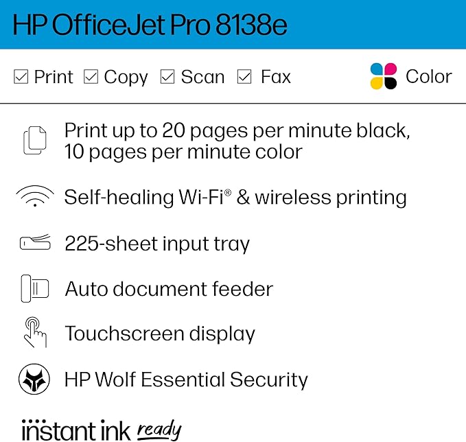 HP OfficeJet Pro 8138e Wireless All-in-One Color Inkjet Printer, Print, Scan, Copy, Fax, ADF, Duplex Printing Best-for-Home Office (Renewed Premium)