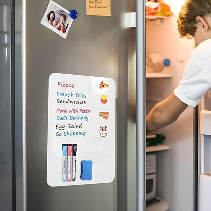 MaxGear Small Magnetic Dry Erase Board Sheet for Refrigerator, Fridge Whiteboard for Kitchen, 12" x 8" White Board Organizer and Planner with Stain Resistant Technology, Include 1 Eraser, 3 Markers