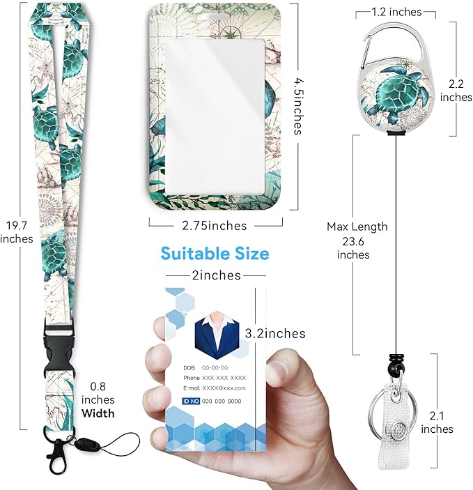 Sea Turtle Badge Holder with Retractable Reel and Breakaway Lanyard，Badge Clips Retractable Heavy Duty Badge Reel，Funny Keychain，ID Holder with Breakaway Lanyard for School Nurse Office Teen