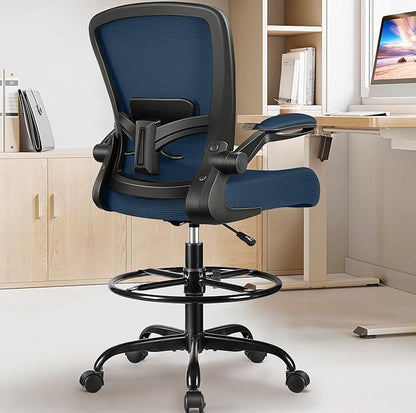 FelixKing Drafting Chair Ergonomic Tall Office Chair, Breathable Mesh Chair with Adjustable Footrest Ring Lumbar Support Flip-up Armrests, High Back Executive Comfy Task Computer Chair for Home Office
