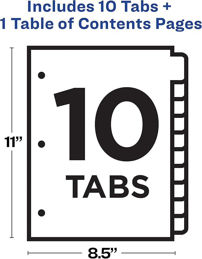 Avery 10 Tab Dividers for 3 Ring Binders, Customizable Table of Contents, Multicolor Tabs, 1 Set (11135)