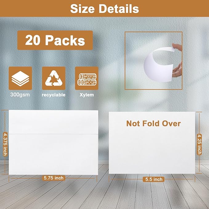 Single Panel White Thank You Cards and Envelopes 4.25 x 5.5 Heavyweight Blank Flat Cardstock and A2 Envelopes Printable Self Seal 20 Packs for Wedding Invitations, Baby Shower, Greeting Cards