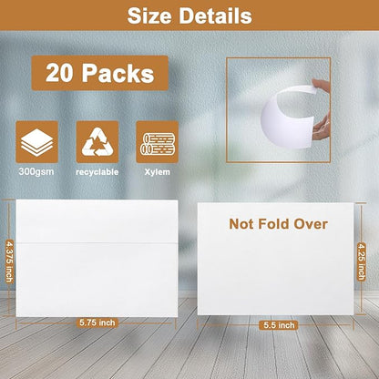 Single Panel White Thank You Cards and Envelopes 4.25 x 5.5 Heavyweight Blank Flat Cardstock and A2 Envelopes Printable Self Seal 20 Packs for Wedding Invitations, Baby Shower, Greeting Cards