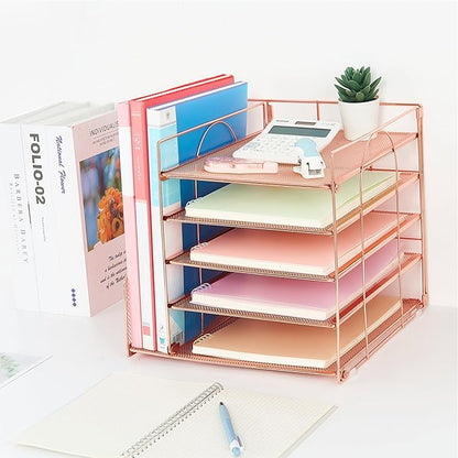 Desk Organizers and Accessories, 5-Tier Paper Letter Tray Organizer with File Holder, Desktop Organizer for Office Supplies, Office Desk Accessories & Workspace (Rose Gold)
