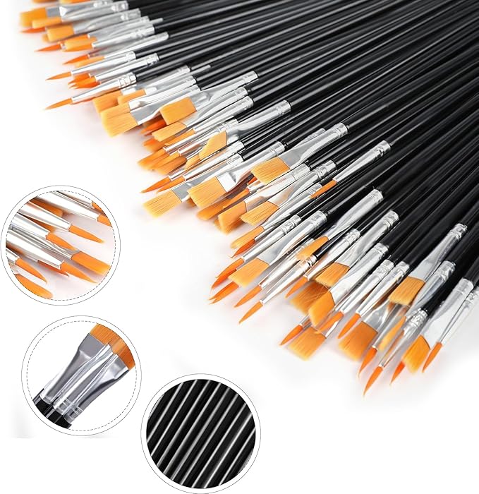 AROIC Small Paint Brushes Bulk,200 Pcs Black Nylon Hair Paint Brushes with Flat and Round Pointed Acrylic Paint Brush Kits,craft paint brushes for oil watercolor Face Artist And Kids Professional Kits