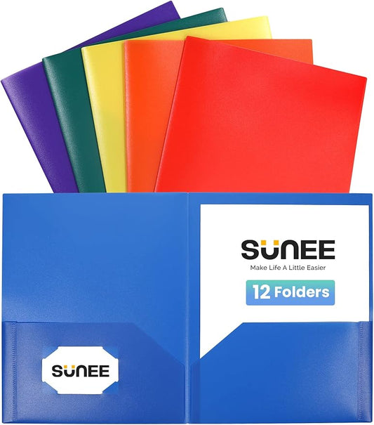 SUNEE 2 Pocket Folder (12 Pack, Assorted Colors) Heavy Duty Plastic Folders with Pockets Fit Letter-Size Papers, Two-Pocket Poly Folders Bulk for School, College, Office