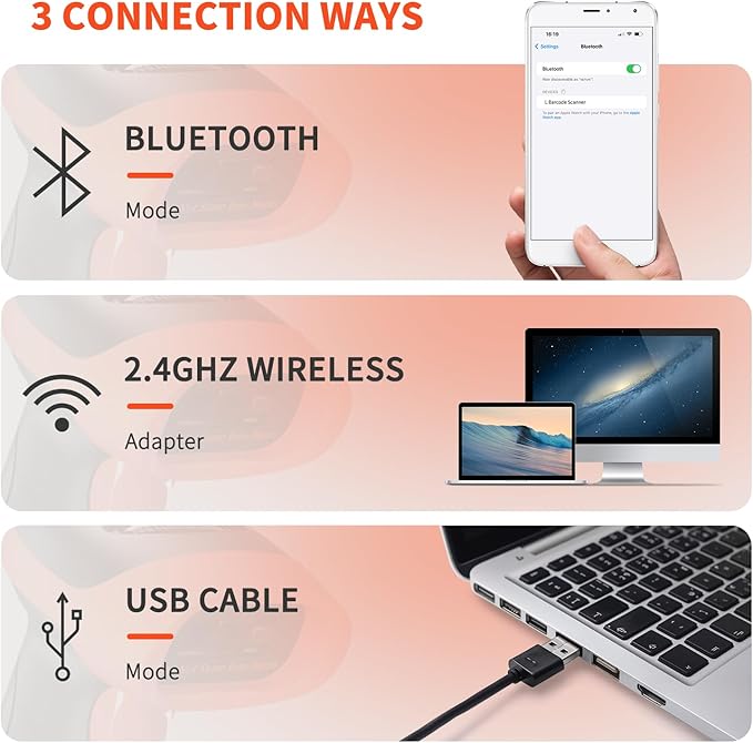 NetumScan Bluetooth QR Barcode Scanner, 3 in 1 Automatic Wireless 1D 2D Code Scanner USB Image Barcode Reader for Store, Warehouse POS, Computer, Tablet, iPad, iPhone, Android