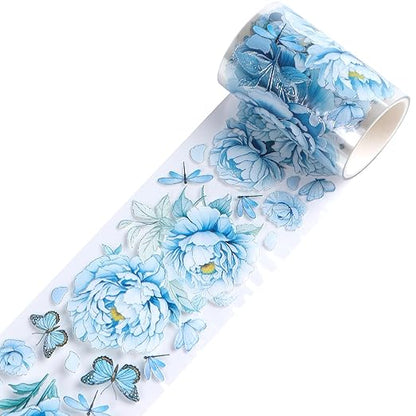 PET Tape Stickers for Journaling - Blue Flower Junk Journal Supplies Scrapbooking Tapes, Aesthetic Peony Flower Bullet Scrapbook Journal Stickers Tape, Decorative Tapes for Art Crafts