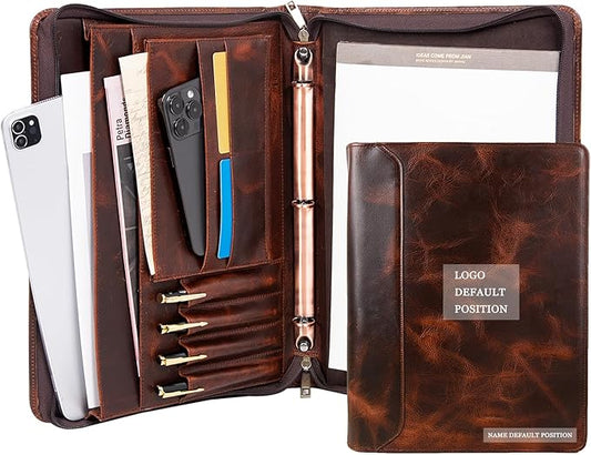 Free Engraved Name, Personalized Leather Binder Portfolio Folder, 3 Ring Binder Padfolio for Men, Handmade Resume Zippered Padfolio for Women, Business A4 Document Organizer, Customized, Oil Wax