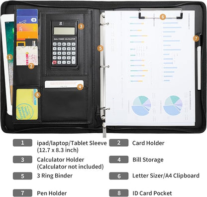 Portfolio Binder - 3 Ring Padfolio with Zipper, PU Business Portfolio Card Holder Tablet Sleeve A4 Writing Pad Clipboard, Meeting Document Organizer for Men Women 2 Pcs (No Calculator)
