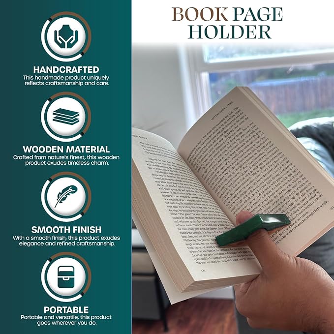 Book Page Holder - Handcrafted Mango Wood & Green Resin Thumb Bookmark - Unique Reading Accessories & Gifts for Book Lovers, Readers & Bookworms (Brown/Green)