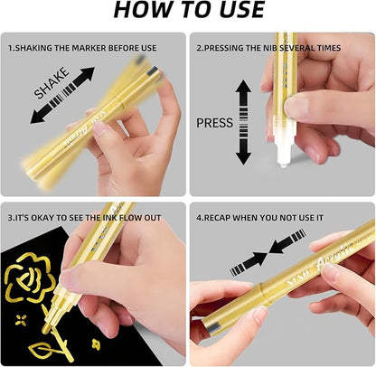 SFAIH Gold Paint Markers Paint Pens - 4 Pack 2-3MM Medium Tip Metallic Acrylic Markers for Rock Painting, Wood, Metal, Fabric, Plastic, Canvas, Glass, Ceramic, Diy Crafts, Drawing, Tire