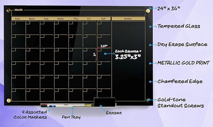 Real Glass Dry Erase Monthly Calendar, Extra Large 24" x 36", Tempered Glass Surface, Frameless Wall Mount, with 4 Assorted Color Markers and Eraser, by Better Office Products (Jet Black/Gold Print)