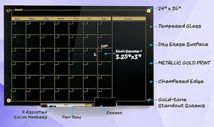 Real Glass Dry Erase Monthly Calendar, Extra Large 24" x 36", Tempered Glass Surface, Frameless Wall Mount, with 4 Assorted Color Markers and Eraser, by Better Office Products (Jet Black/Gold Print)