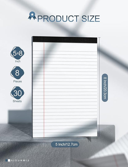 8 Pack Office Legal Pads 5x8" Lined Writing Note Pads 5x8 for Home Office Supplies Small To Do List Notepad Legal Pad Narrow Ruled Notebook 80GSM Paper for School White 30 Sheets per Notepads for Work