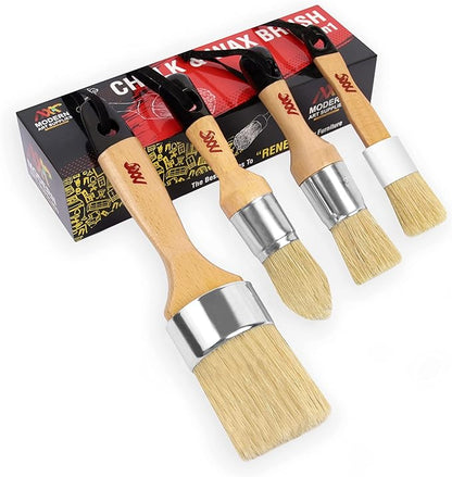 Chalk Wax Paint Brush 4PCs Set Including 3 Small for Furniture Painting and 1 Large Bristle Paint Brushes Set Compatible with Annie Sloan Paint, Fusion Mineral Paint
