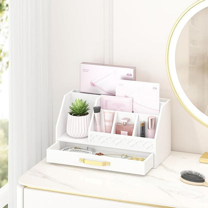 Bamboo Desk Organizer with Drawers, Mail Organizer Countertop Wood Desk Drawer Tabletop Storage Organization Pen Holder Letter Sorter Makeup Organizer for School Home Office (White)