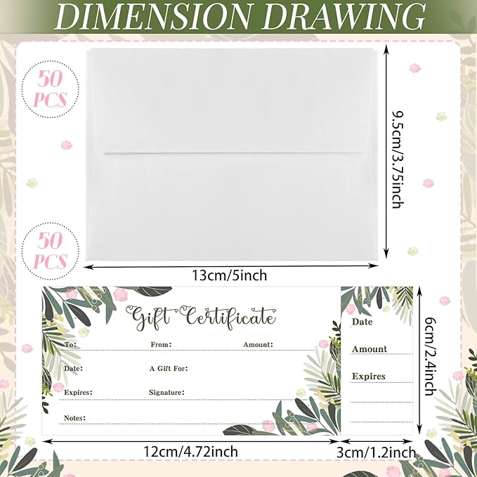 Sinmoe 50 Sets Gift Certificate for Business with 50 Pcs Envelopes Blank Gift Certificate Cards with Name and Address Rustic for Beauty Salon Restaurants Birthday(4.72 x 2.36 Inch, Leaf Style)