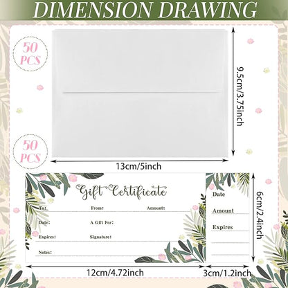 Sinmoe 50 Sets Gift Certificate for Business with 50 Pcs Envelopes Blank Gift Certificate Cards with Name and Address Rustic for Beauty Salon Restaurants Birthday(4.72 x 2.36 Inch, Leaf Style)